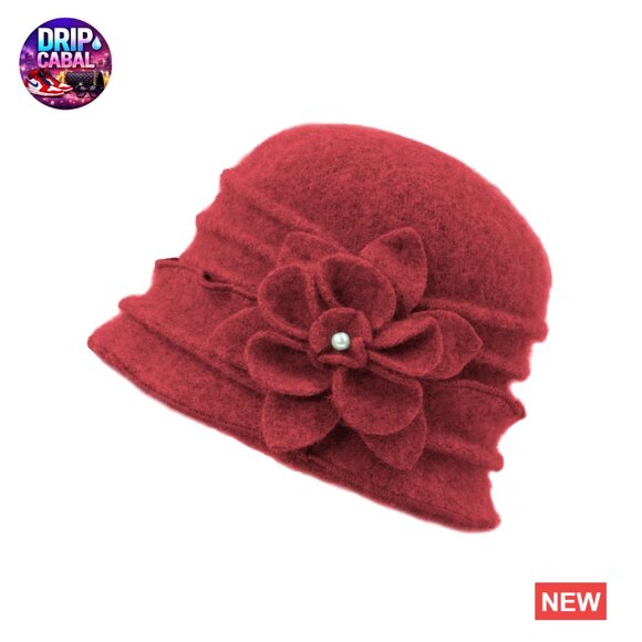 Wool Cloche Bucket Hat with Faux Pearl Flower main image 4